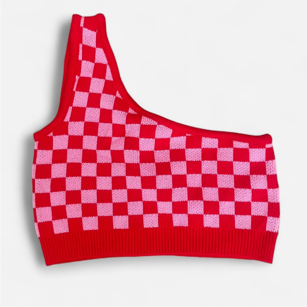 Asos Collusion Checkerboard Swirl Knit One Shoulder Crop Top in US 10